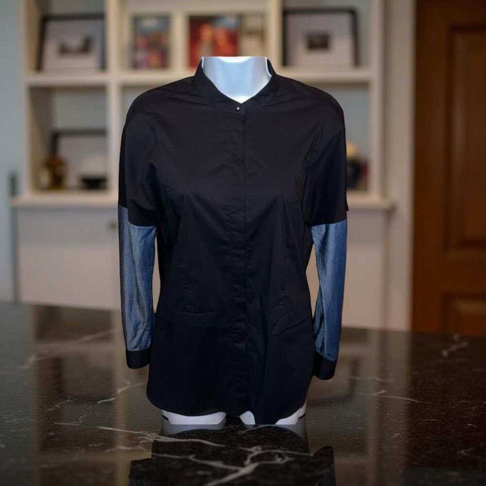 Public School NYC Women's Blouse Silk Button Up Monk Collar Black Size 2